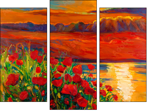 Poppy and ocean  - Obraz trzyczęściowy, Tryptyk