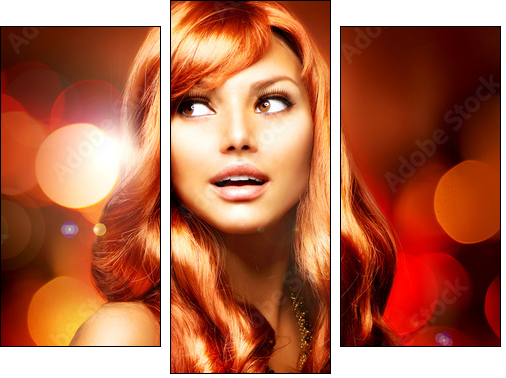 Beautiful Girl With Shiny Red Long Hair over Blinking Background  - Obraz trzyczęściowy, Tryptyk