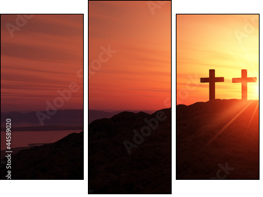 3 Kreuze am HÃ¼gel bei Sonnenuntergang  - Obraz trzyczęściowy, Tryptyk
