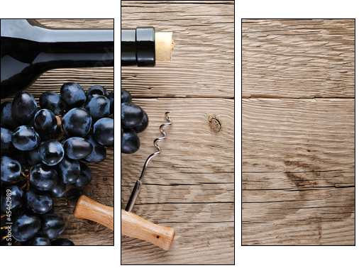 Bottle of wine, corkscrew and grape on wooden background  - Obraz trzyczęściowy, Tryptyk