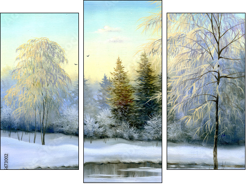 beautiful winter landscape, canvas, oil  - Obraz trzyczęściowy, Tryptyk