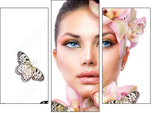 Beautiful Girl With Orchid Flowers and Butterfly  - Obraz trzyczęściowy, Tryptyk