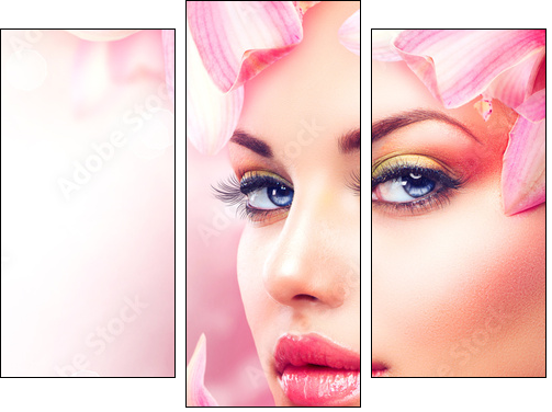 Beautiful Girl With Orchid Flowers. Beauty Woman Face  - Obraz trzyczęściowy, Tryptyk