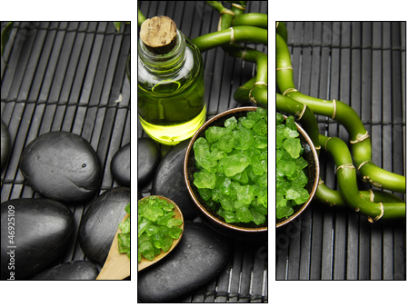 Bamboo grove and salt in spoon bowl with massage oil on mat  - Obraz trzyczęściowy, Tryptyk