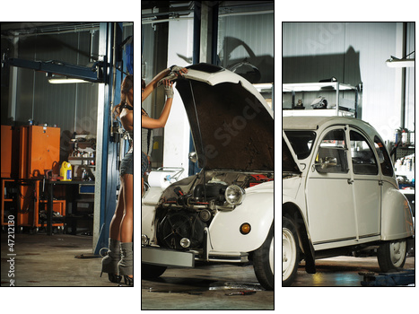 A beautiful brunette woman in a garage fixing an old car  - Obraz trzyczęściowy, Tryptyk