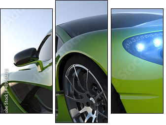 green sportcar closeup  - Obraz trzyczęściowy, Tryptyk