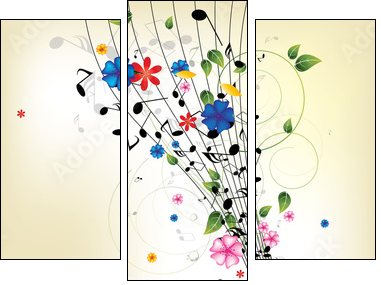 Floral musical background with notes  - Obraz trzyczęściowy, Tryptyk