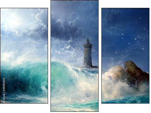 Seascape Wave and lighthouse  - Obraz trzyczęściowy, Tryptyk