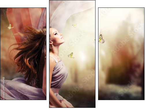 Beautiful Girl in Fantasy Mystical and Magical Spring Garden  - Obraz trzyczęściowy, Tryptyk