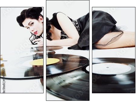 Sexy girl with phonography analogue record music lover  - Obraz trzyczęściowy, Tryptyk