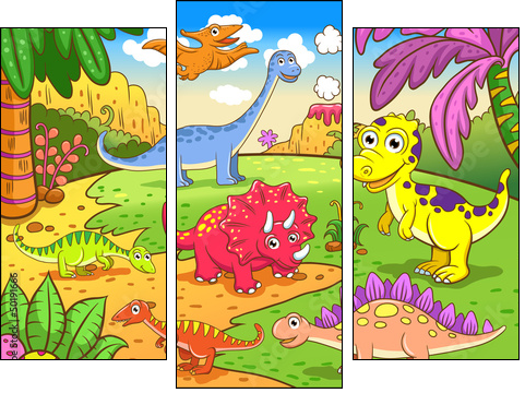 Cute dinosaurs in prehistoric scene  - Obraz trzyczęściowy, Tryptyk