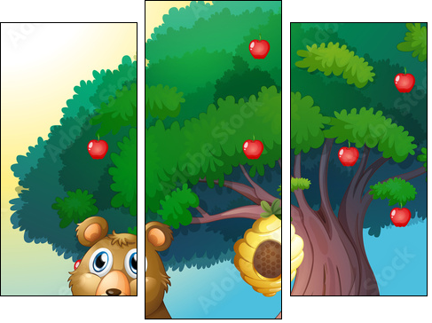 A bear in front of a big apple tree with a beehive  - Obraz trzyczęściowy, Tryptyk