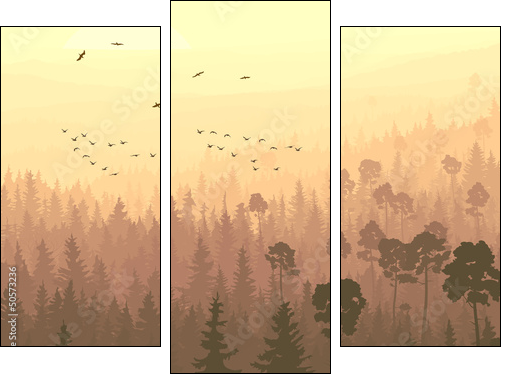 Wild birds in coniferous wood in morning fog.  - Obraz trzyczęściowy, Tryptyk