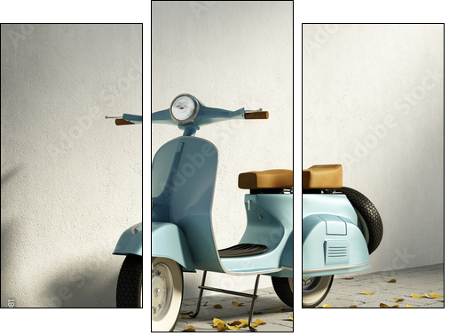 Vintage blue motorcycle vespa, by wall with fallen leaves  - Obraz trzyczęściowy, Tryptyk
