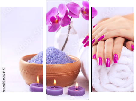 female hands with fragrant orchid and towel. Spa  - Obraz trzyczęściowy, Tryptyk