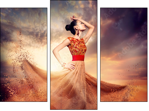 Dancing Fashion Woman wearing Blowing Long Chiffon Dress  - Obraz trzyczęściowy, Tryptyk