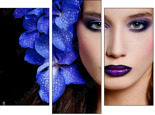 Fashionable beautiful woman with orchid in her hair  - Obraz trzyczęściowy, Tryptyk