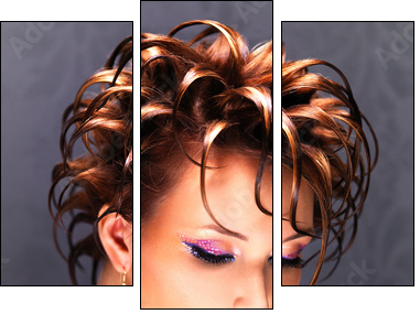 Beautiful woman with fashion  hairstyle and pink makeup  - Obraz trzyczęściowy, Tryptyk