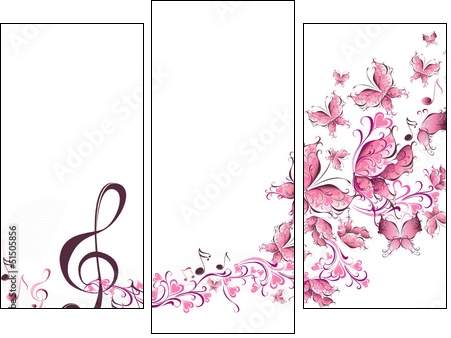 Musical notes with butterflies  - Obraz trzyczęściowy, Tryptyk