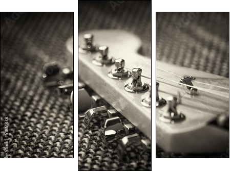Electrical guitar headstock closeup. Sepia effect with vignette  - Obraz trzyczęściowy, Tryptyk