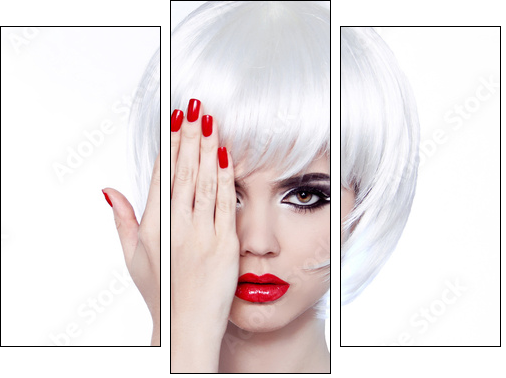White Hair and Red Nails. Fashion Beauty Girl. Red lips. Manicur  - Obraz trzyczęściowy, Tryptyk