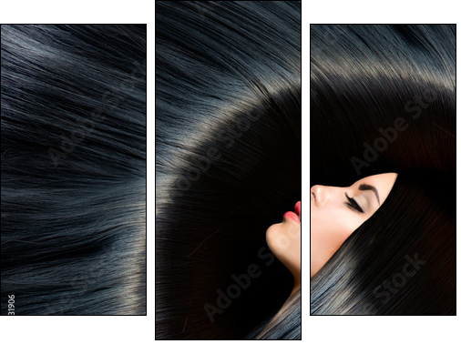Healthy Long Black Hair. Beauty Brunette Woman  - Obraz trzyczęściowy, Tryptyk
