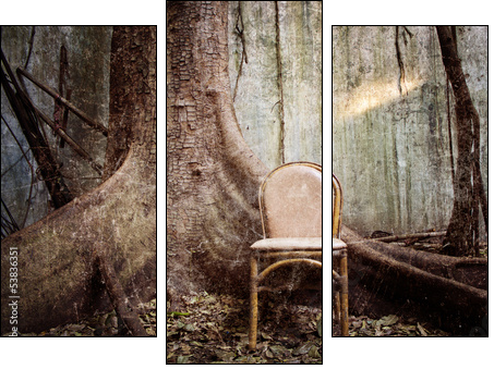 the tree, the old chair and the ruined wall - Grunge textured  - Obraz trzyczęściowy, Tryptyk