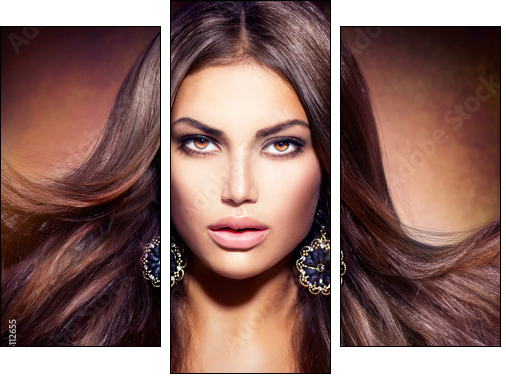 Glamour Beautiful Woman with Blowing Brown Hair  - Obraz trzyczęściowy, Tryptyk
