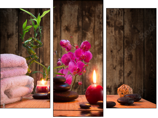 massage - bamboo - orchid, towels, candles stones  - Obraz trzyczęściowy, Tryptyk