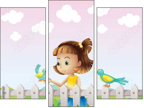 A young girl playing with the birds near the fence  - Obraz trzyczęściowy, Tryptyk