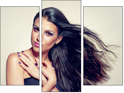 Beautiful brunette with long hair flying  - Obraz trzyczęściowy, Tryptyk