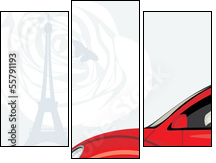 Driving woman a red car on the background with Eiffel tower  - Obraz trzyczęściowy, Tryptyk