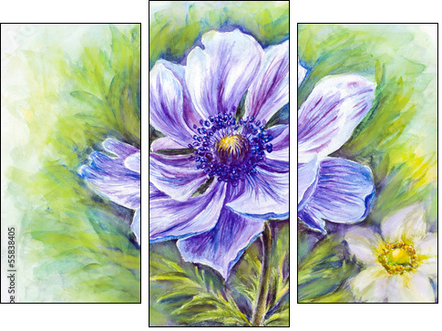 Japanese Anemones flower. Watercolor.  - Obraz trzyczęściowy, Tryptyk