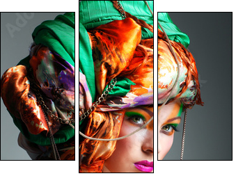 photo of redheaded girl in a head-dress from the coloured fabric  - Obraz trzyczęściowy, Tryptyk