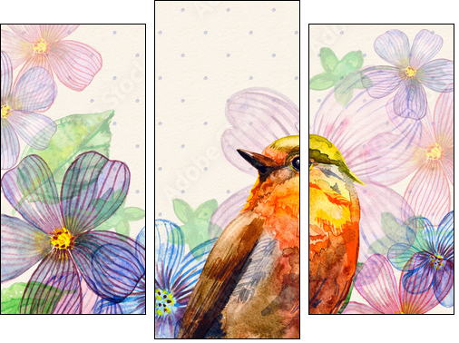 Floral retro card watercolor  - Obraz trzyczęściowy, Tryptyk