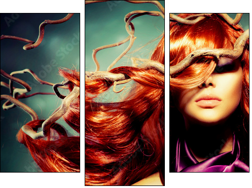 Fashion Model Woman Portrait with Long Curly Red Hair  - Obraz trzyczęściowy, Tryptyk