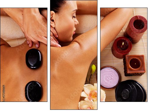 Adult woman having hot stone massage in spa salon  - Obraz trzyczęściowy, Tryptyk