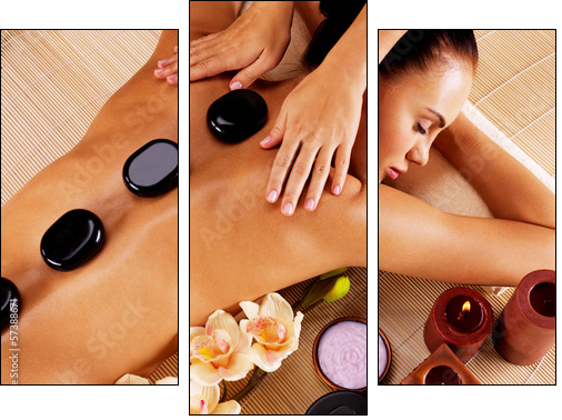 Adult woman having hot stone massage in spa salon  - Obraz trzyczęściowy, Tryptyk