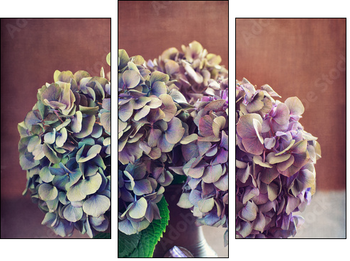 purple hydrangea flowers and a wooden heart on a table.  - Obraz trzyczęściowy, Tryptyk