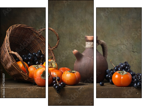 Still life with persimmons and grapes on the table  - Obraz trzyczęściowy, Tryptyk