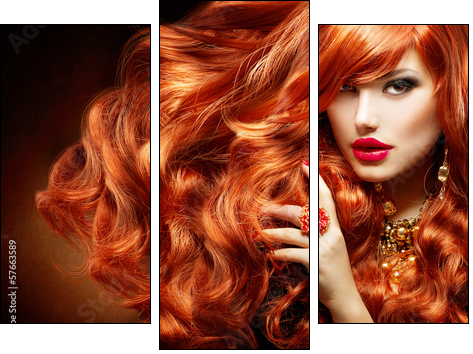 Long Curly Red Hair. Fashion Woman Portrait  - Obraz trzyczęściowy, Tryptyk
