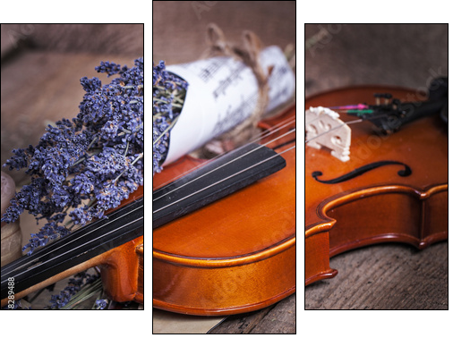 Vintage composition with violin and lavender  - Obraz trzyczęściowy, Tryptyk