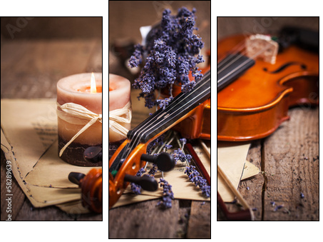 Vintage composition with violin and lavender  - Obraz trzyczęściowy, Tryptyk