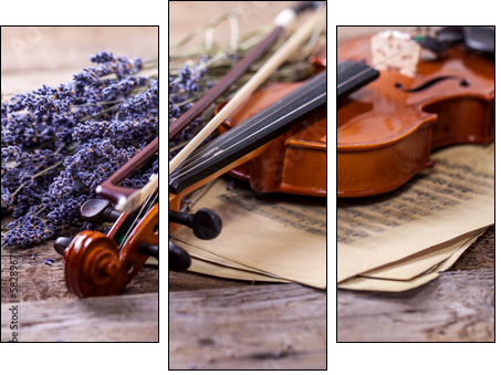 Vintage composition with violin and lavender  - Obraz trzyczęściowy, Tryptyk