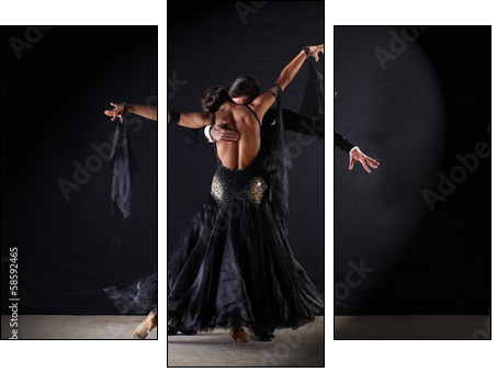Latino dancers in ballroom against on black background  - Obraz trzyczęściowy, Tryptyk
