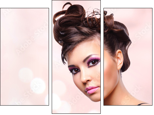 Face of beautiful woman with fashion hairstyle and glamour makeu  - Obraz trzyczęściowy, Tryptyk