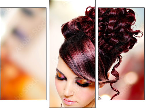 Face of beautiful woman with fashion hairstyle and glamour makeu  - Obraz trzyczęściowy, Tryptyk