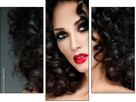 beautiful brunette with gorgeous curly hair  - Obraz trzyczęściowy, Tryptyk