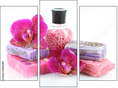 Sea salt, soap and orchid isolated on white  - Obraz trzyczęściowy, Tryptyk