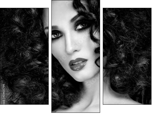 beautiful brunette with gorgeous curly hair  - Obraz trzyczęściowy, Tryptyk